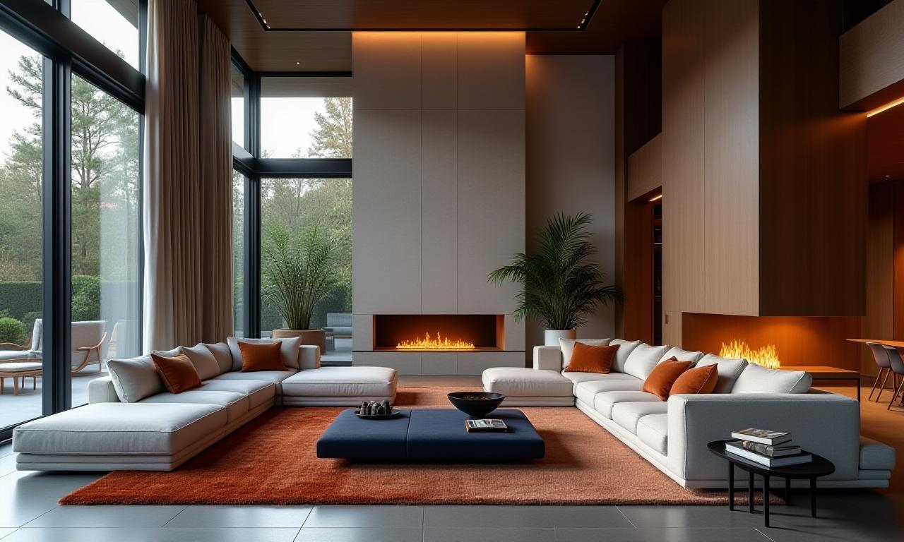 Lussuoso soggiorno moderno dopo una ristrutturazione completa con mobili eleganti e illuminazione soffusa.
