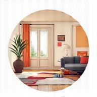 Icona stilizzata che rappresenta l'interior design con elementi di arredo e creatività.