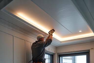 Immagine di un operaio che lavora su una struttura in cartongesso per un controsoffitto illuminato