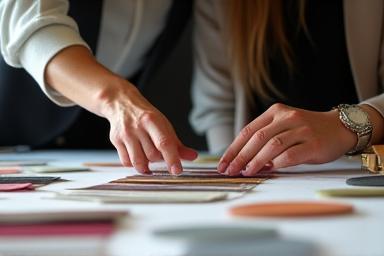 Immagine di due persone che discutono di campioni di colore e tessuti per l'arredamento