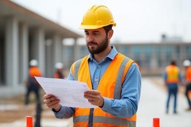 Immagine di un capocantiere con casco di sicurezza e tablet che supervisiona un cantiere