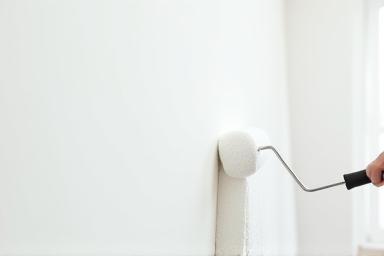 Immagine di un rullo che imbianca una parete bianca in una stanza in fase di finitura