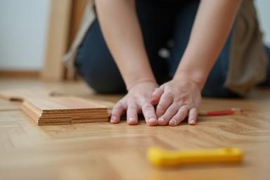 Immagine ravvicinata di mani che posano parquet in una stanza luminosa