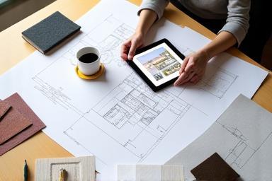 Immagine di un architetto che disegna planimetrie su un tavolo con tablet e campioni di tessuto