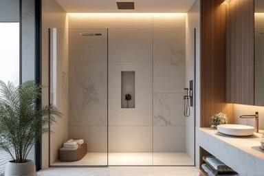 Immagine di un bagno moderno con doccia walk-in e piastrelle di design