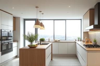Immagine di una cucina moderna e luminosa con isola centrale